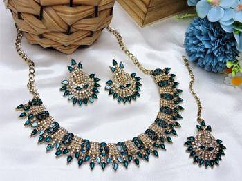 Blue yellow gold premium designer american diamond and stone work necklace set 2