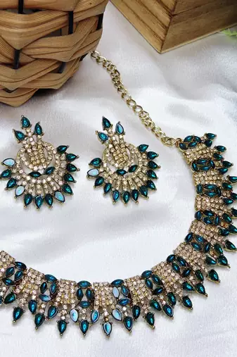 Blue yellow gold premium designer american diamond and stone work necklace set