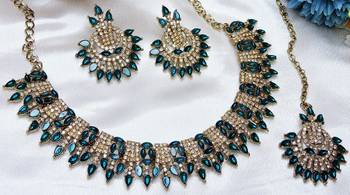 Blue yellow gold premium designer american diamond and stone work necklace set 3