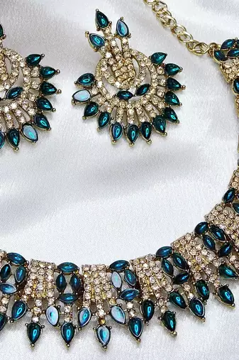 Blue yellow gold premium designer american diamond and stone work necklace set