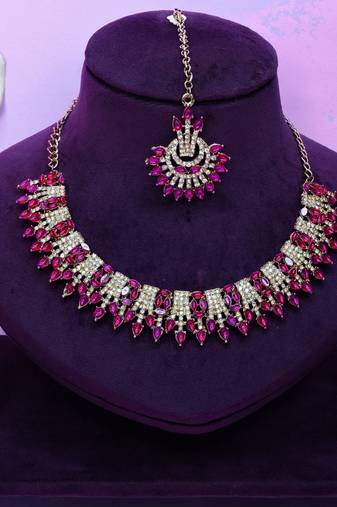 Pink yellow gold premium designer american diamond and stone work necklace set
