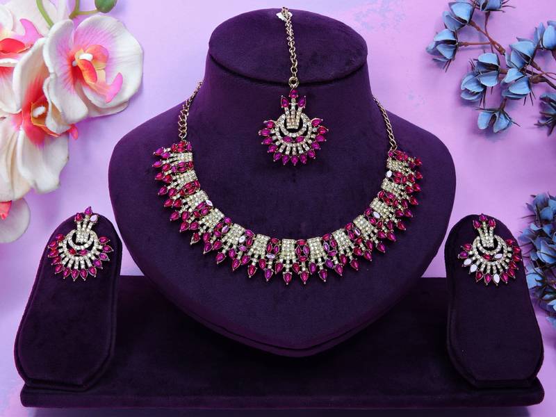 Pink yellow gold premium designer american diamond and stone work necklace set
