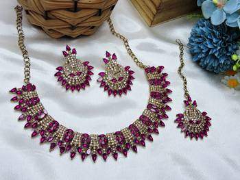 Pink yellow gold premium designer american diamond and stone work necklace set 2