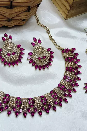 Pink yellow gold premium designer american diamond and stone work necklace set