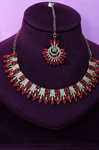 Red yellow gold premium designer american diamond and stone work necklace set