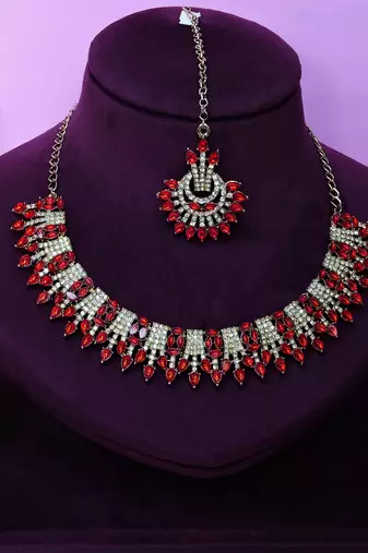 Red yellow gold premium designer american diamond and stone work necklace set