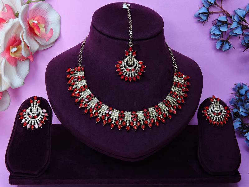 Red yellow gold premium designer american diamond and stone work necklace set