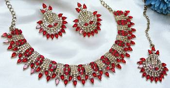 Red yellow gold premium designer american diamond and stone work necklace set 2