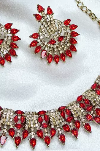 Red yellow gold premium designer american diamond and stone work necklace set