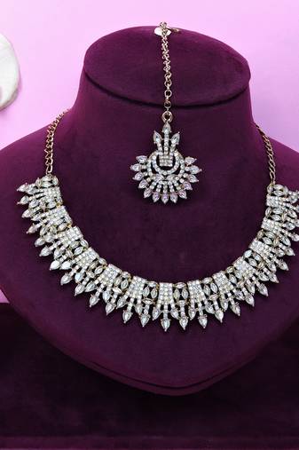 White yellow gold premium designer american diamond and stone work necklace set