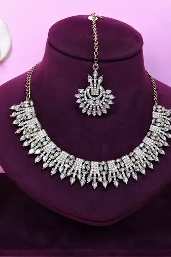 White yellow gold premium designer american diamond and stone work necklace set