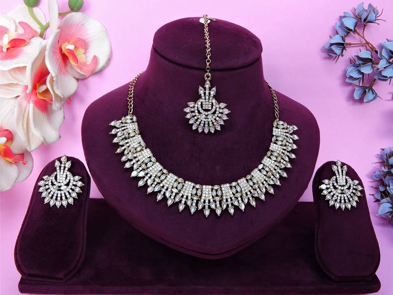 White yellow gold premium designer american diamond and stone work necklace set