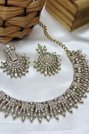 White yellow gold premium designer american diamond and stone work necklace set