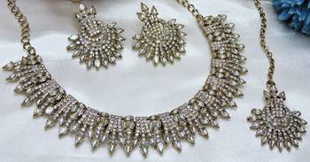 White yellow gold premium designer american diamond and stone work necklace set 3