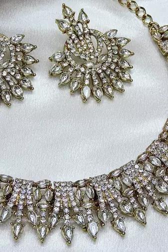 White yellow gold premium designer american diamond and stone work necklace set