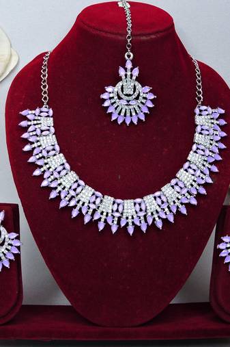 Purple rhodium premium designer american diamond and stone work necklace set