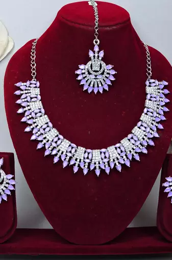 Purple rhodium premium designer american diamond and stone work necklace set