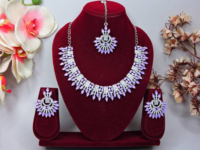 Purple rhodium premium designer american diamond and stone work necklace set