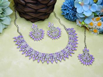 Purple rhodium premium designer american diamond and stone work necklace set 2
