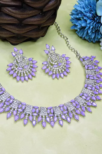 Purple rhodium premium designer american diamond and stone work necklace set