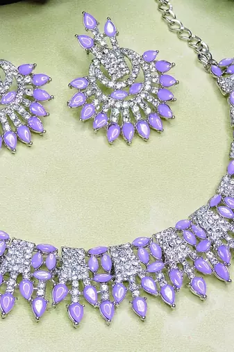 Purple rhodium premium designer american diamond and stone work necklace set