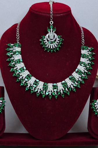 Green rhodium premium designer american diamond and stone work necklace set