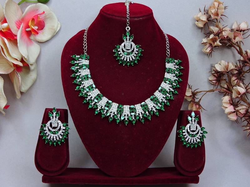 Green rhodium premium designer american diamond and stone work necklace set
