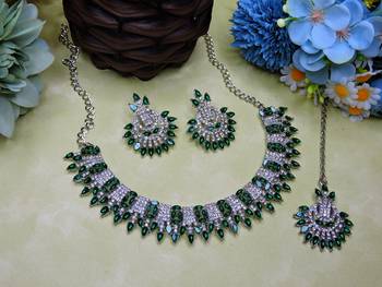 Green rhodium premium designer american diamond and stone work necklace set 2