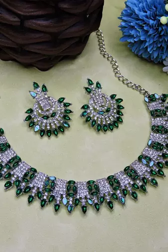 Green rhodium premium designer american diamond and stone work necklace set