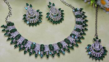 Green rhodium premium designer american diamond and stone work necklace set 3