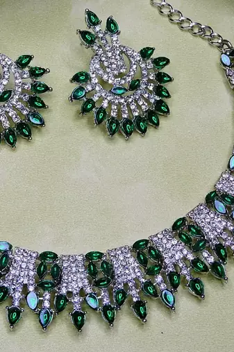 Green rhodium premium designer american diamond and stone work necklace set
