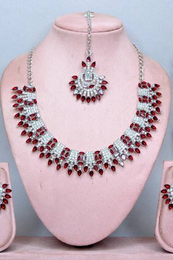 Maroon rhodium premium designer american diamond and stone work necklace set
