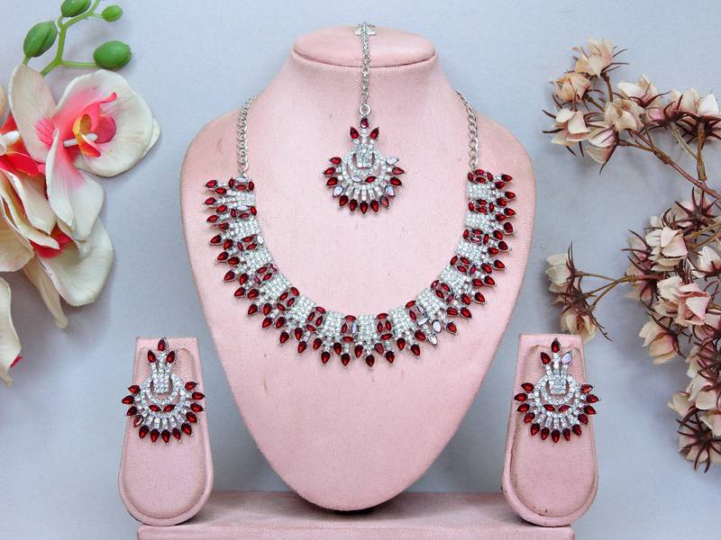 Maroon rhodium premium designer american diamond and stone work necklace set