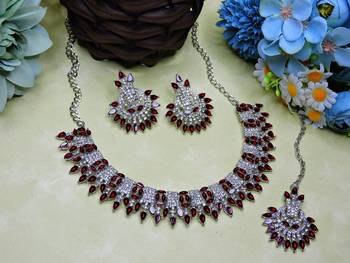 Maroon rhodium premium designer american diamond and stone work necklace set 2