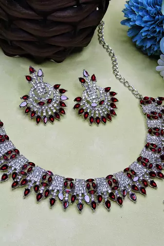 Maroon rhodium premium designer american diamond and stone work necklace set