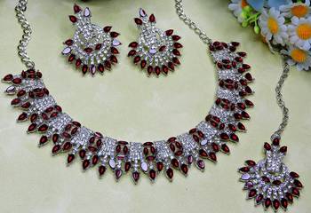 Maroon rhodium premium designer american diamond and stone work necklace set 3