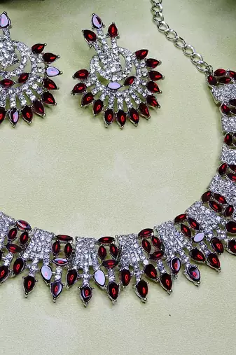 Maroon rhodium premium designer american diamond and stone work necklace set