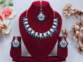 Blue rhodium premium designer american diamond and stone work necklace set 1