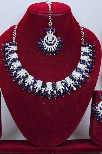 Blue rhodium premium designer american diamond and stone work necklace set