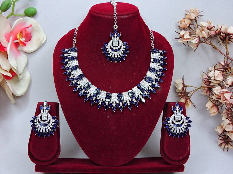 Blue rhodium premium designer american diamond and stone work necklace set
