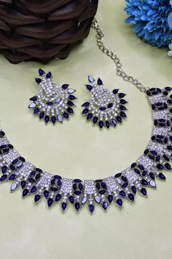Blue rhodium premium designer american diamond and stone work necklace set