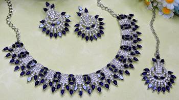 Blue rhodium premium designer american diamond and stone work necklace set 3