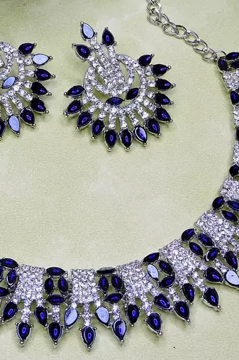 Blue rhodium premium designer american diamond and stone work necklace set