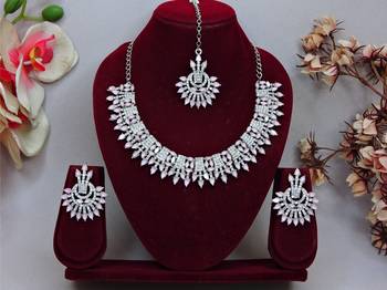 Pink rhodium premium designer american diamond and stone work necklace set 1