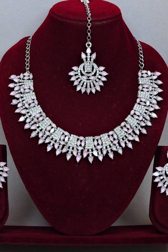 Pink rhodium premium designer american diamond and stone work necklace set