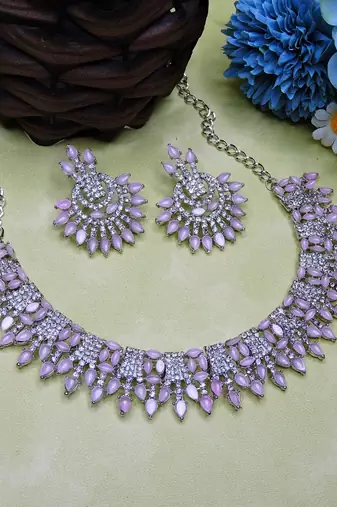 Pink rhodium premium designer american diamond and stone work necklace set