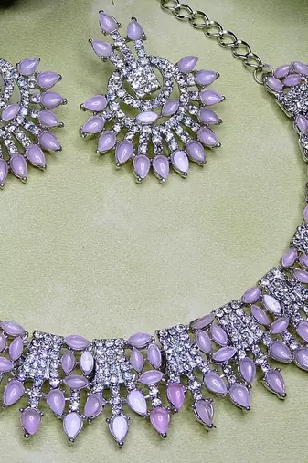 Pink rhodium premium designer american diamond and stone work necklace set