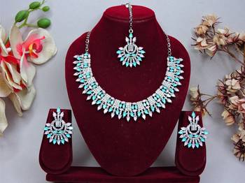 Green rhodium premium designer american diamond and stone work necklace set 1