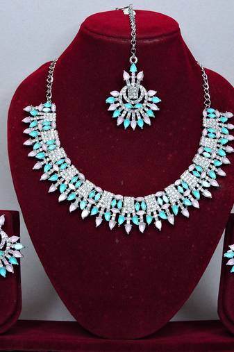 Green rhodium premium designer american diamond and stone work necklace set