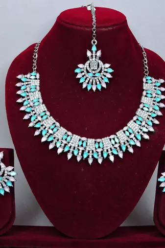 Green rhodium premium designer american diamond and stone work necklace set